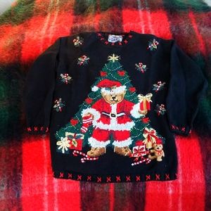 Christmas Holiday vintage sweater  Teddy Bear Santa black knit sz Petite Medium